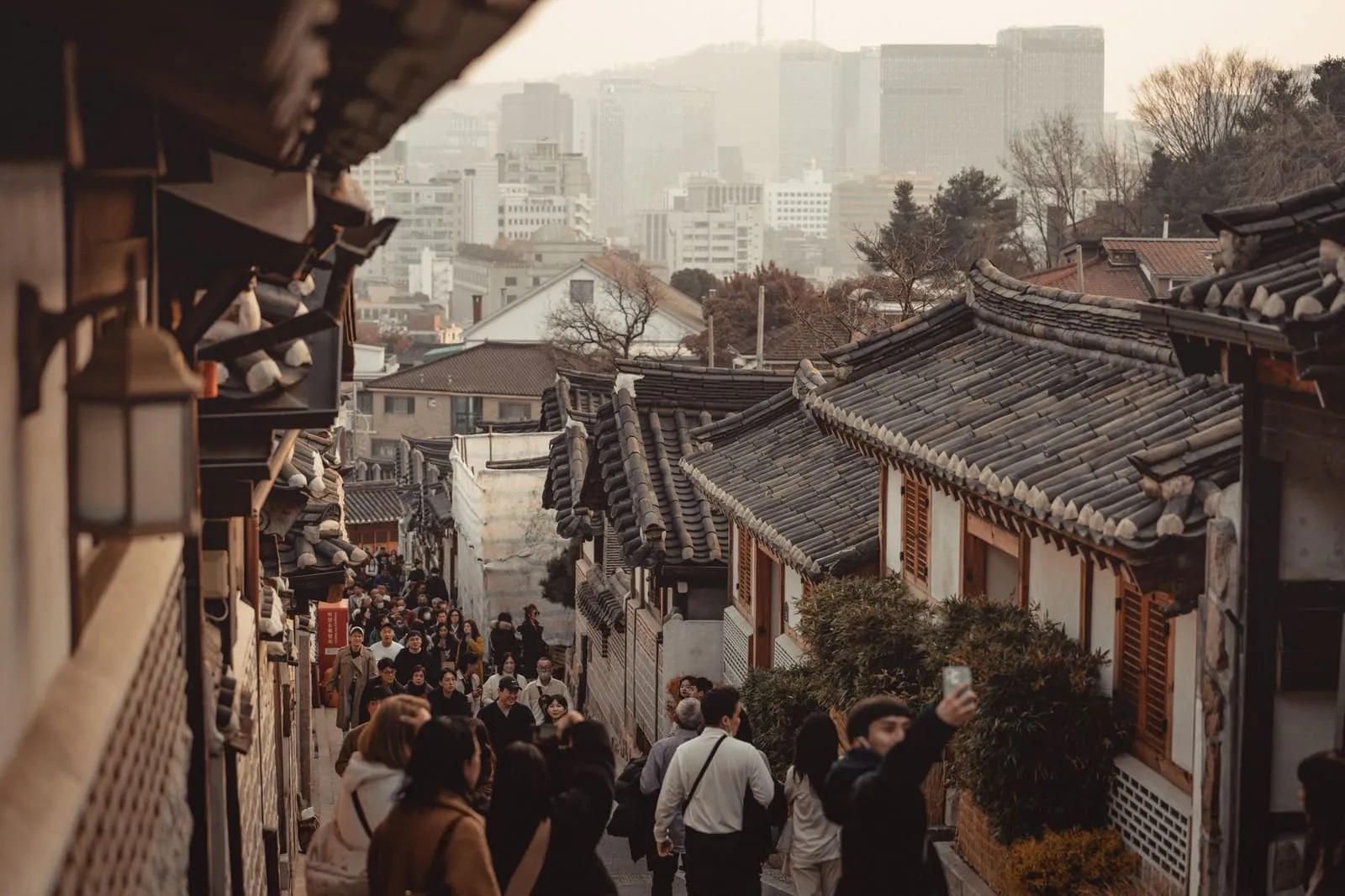 A traditional hanok village street in Seoul.