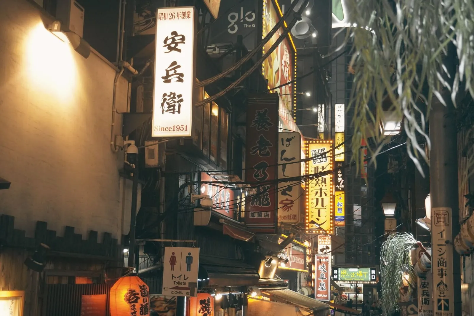 Neon signs lining a street in Tokyo at night.